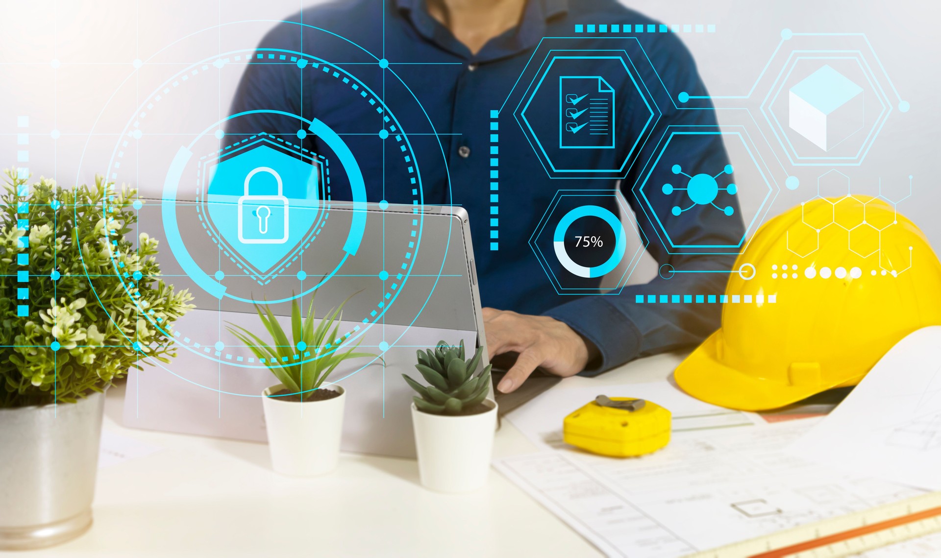 Protecting business data,Confidence concept in work security system.,architect checking the system at work